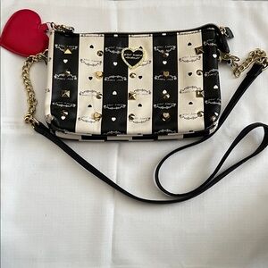 Betsey Johnson Black & White Striped Heart Stud Crossbody